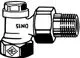 Verschraubung in Eckform aus vernickeltem Rotguss, abgebildet von IMI Hydronic Engineering. Zeigt Gewinde und Anschlussdetails.